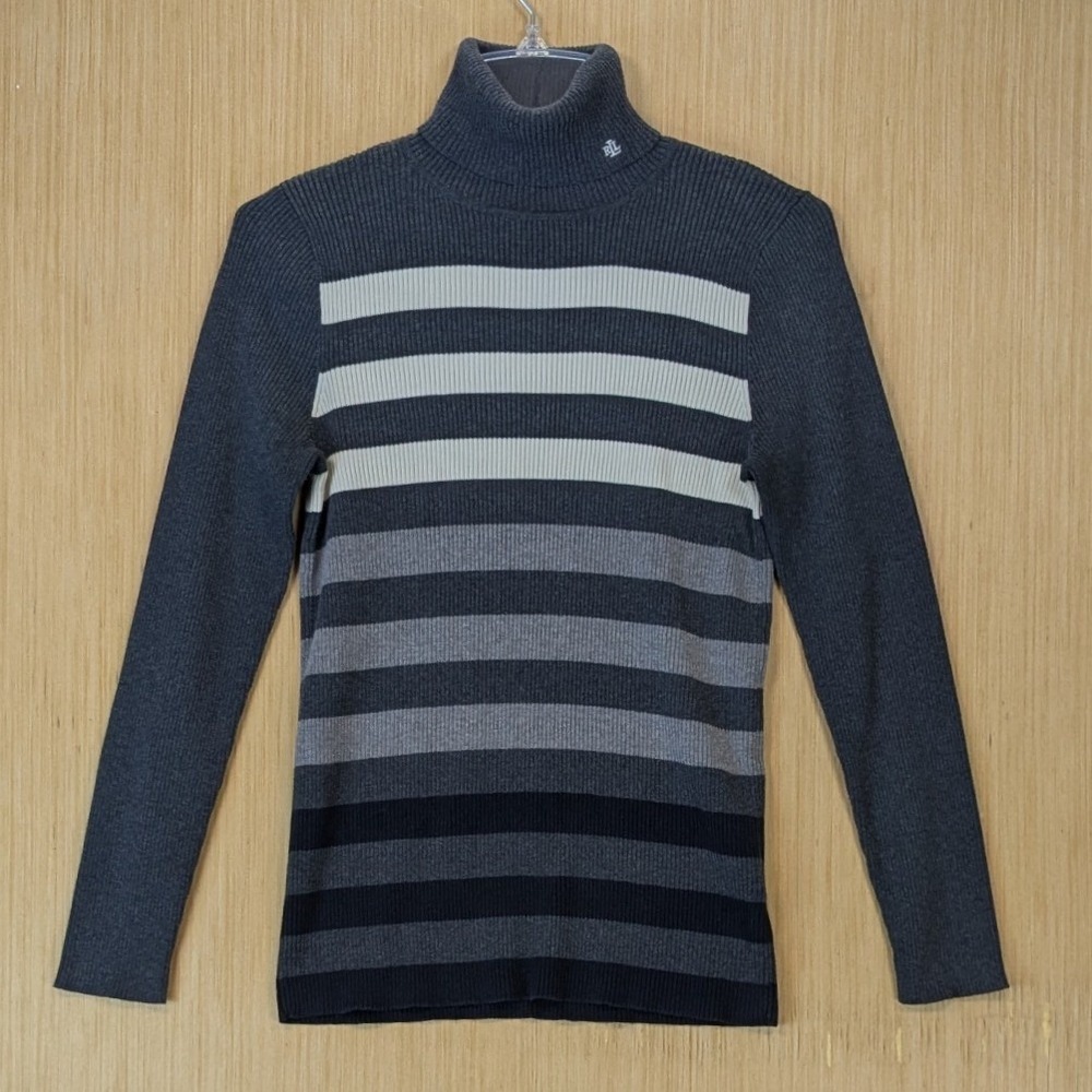 Lauren Ralph Lauren Preppy‎ Grey Striped Ribbed Turtleneck Sweater Womens Large